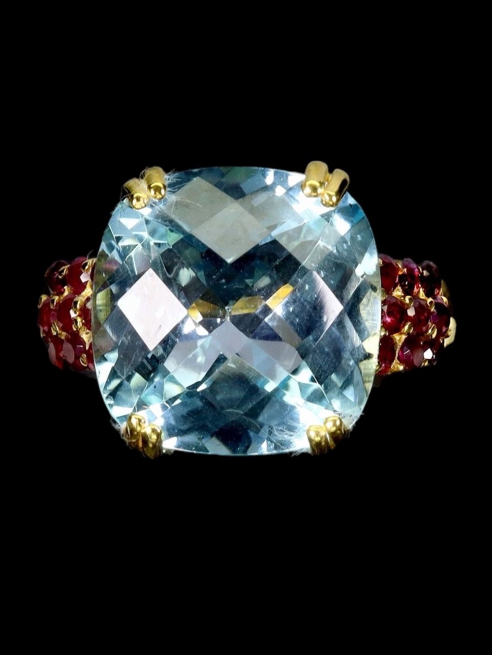 Alluring Genuine Blue Topaz & Garnet Ring. Distinctive Cushion Cut
See video